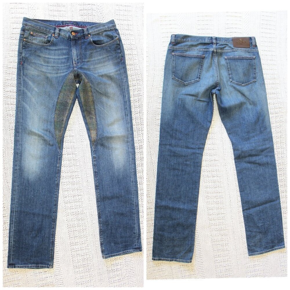 ETRO Milano Riding Jeans Size Large Made Italy Blue Denim crotch patch Cowgirl